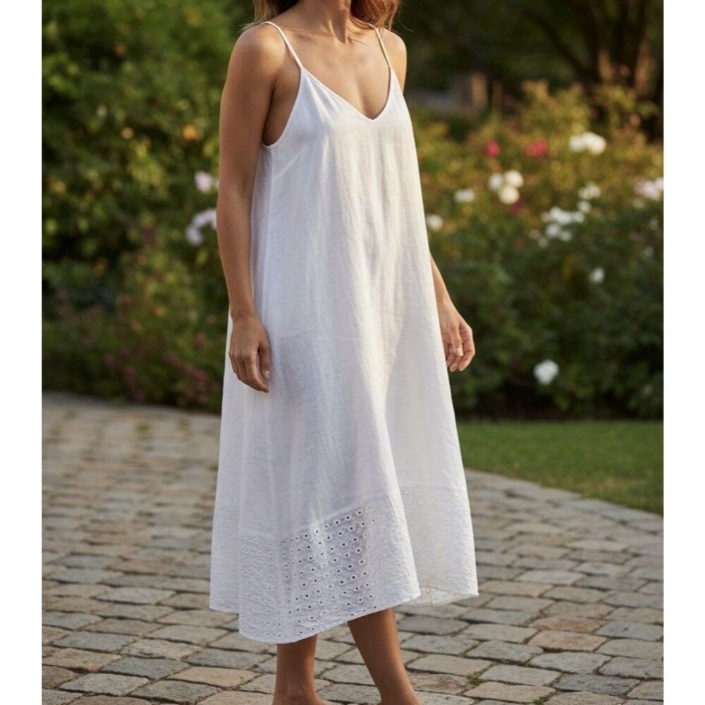 Terzo Millennio Linen Slip Dress Women L White Eyelette Lace Hem Beachy Boho